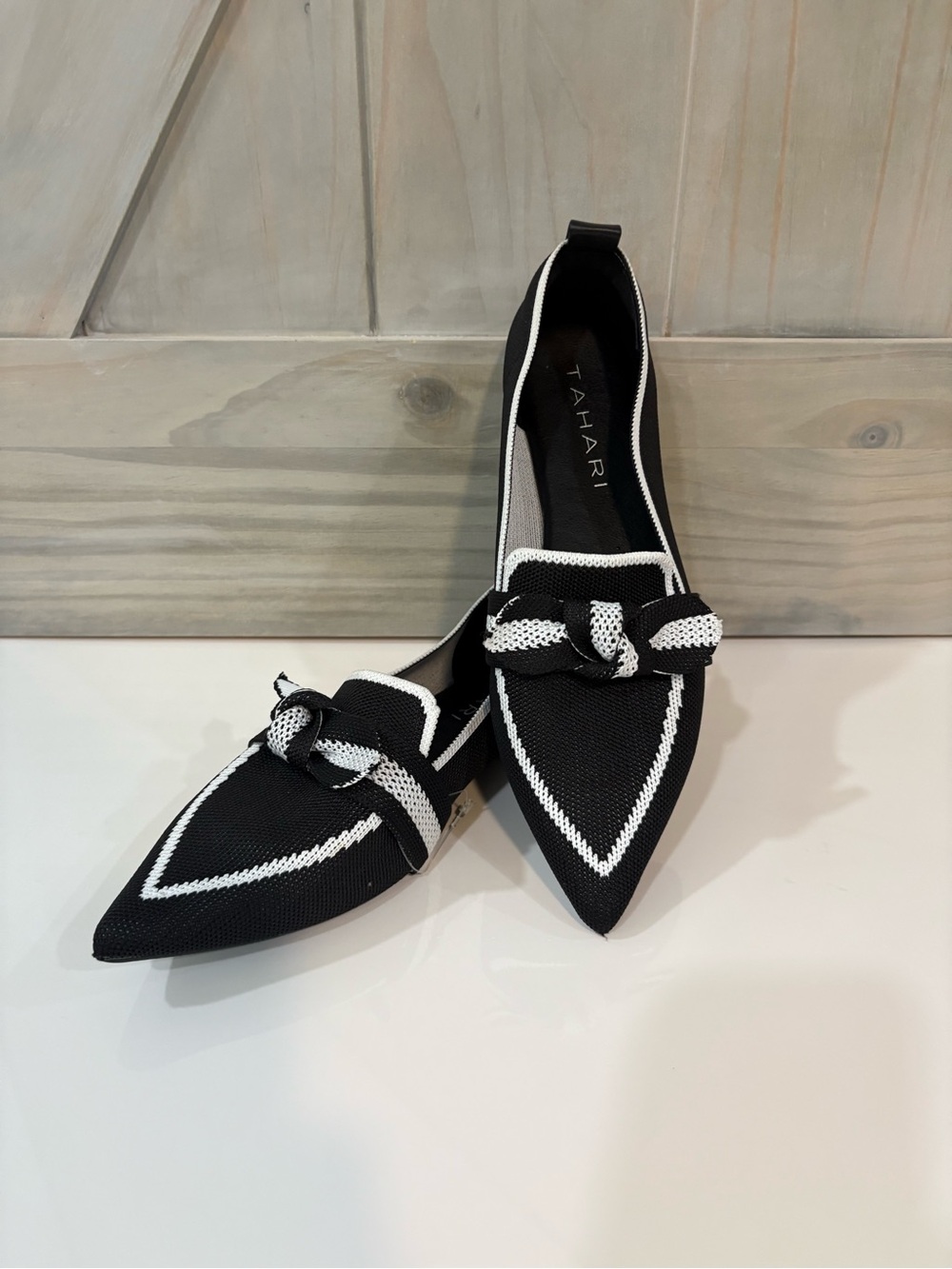 Tahari Black and White Pointed Knit Loafers with Knot Detail